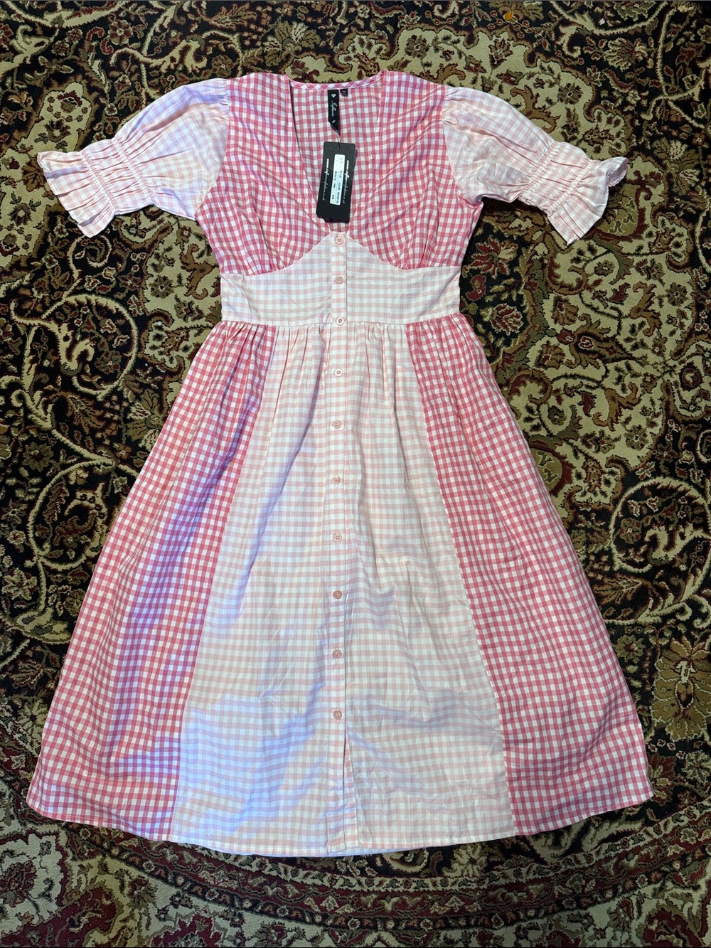 Influence 4 Pink Gingham Panel Dress Button front fitted bust waist puff sleeve